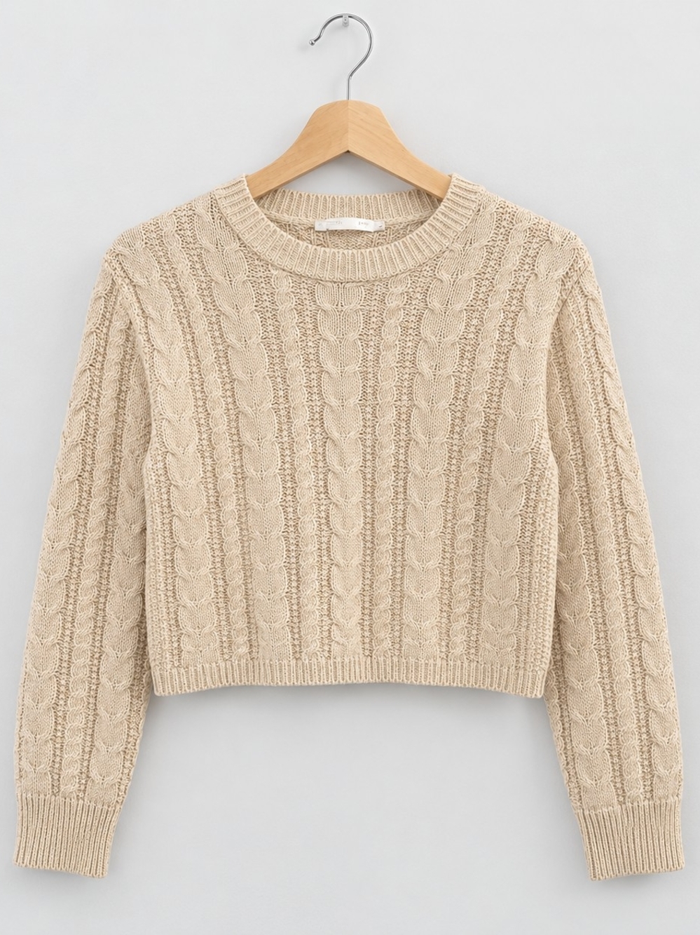 Cable Knit Cropped Crewneck Sweater - Beige Sz L 14-16 Neutral Cozy Knit